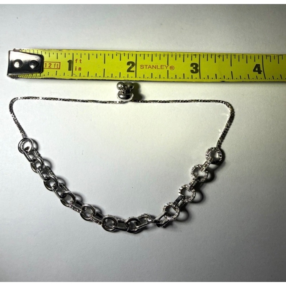Sterling Silver 925 Adjustable Bolo Bracelet Pave Cubic Zirconia Link Chain
